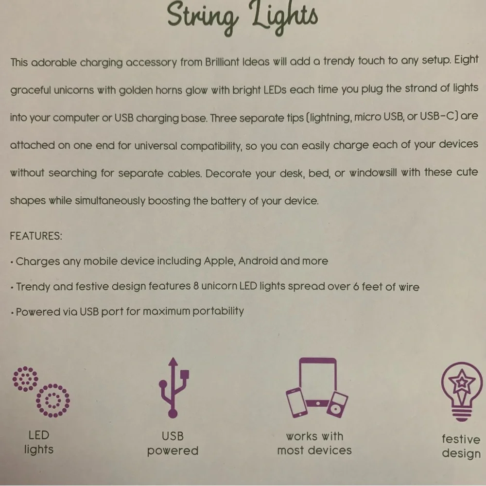 UNIVERSAL CHARGING CABLE Unicorn STRING LIGHTS! 2-in-1 Cute Light-Up Home Decor